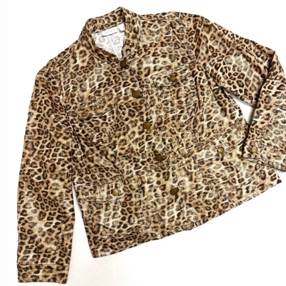 Chicos NEW leopard Animal Print Gold  metallic Shimmer Utility Jacket NWT sz 0